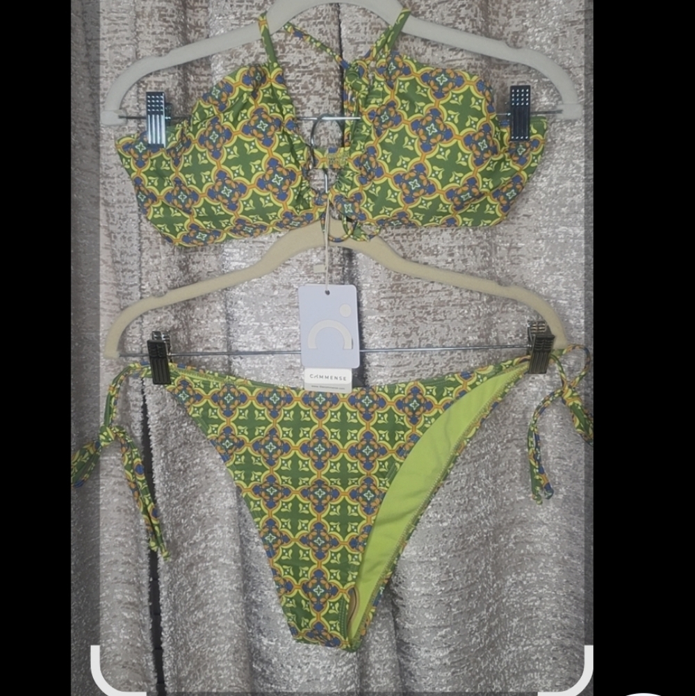Commense Green Patterned String Bikini with Blue Accents - Picture 3 of 3